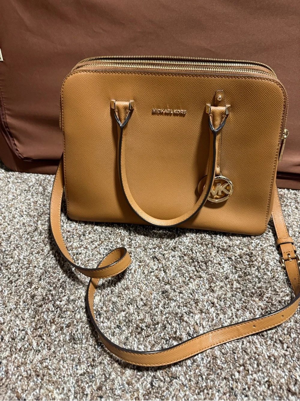 MICHAEL KORS Caramel/Tan Saffiano Leather Satchel with Gold Hardware